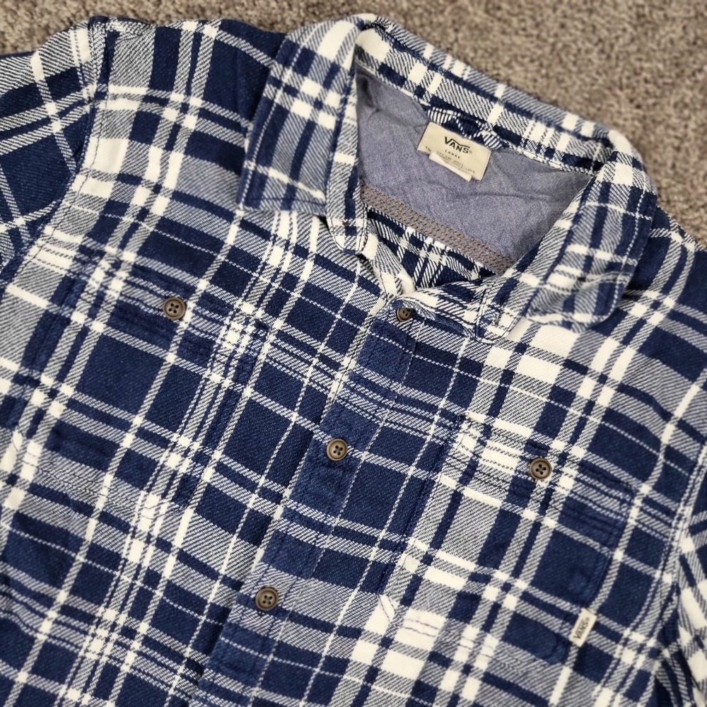Vans Flannel Shirt‎ Mens Large Blue White Excellent Tailored Fit VN0A2X5HKQ0